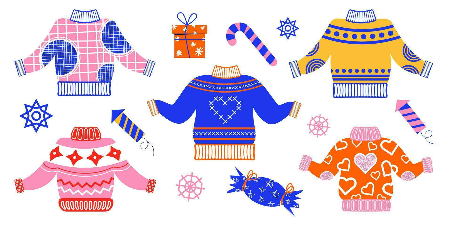 A set of winter sweaters with a pattern. Winter accessories in flat style. Vector illustration of a sweater in bright warm colors.