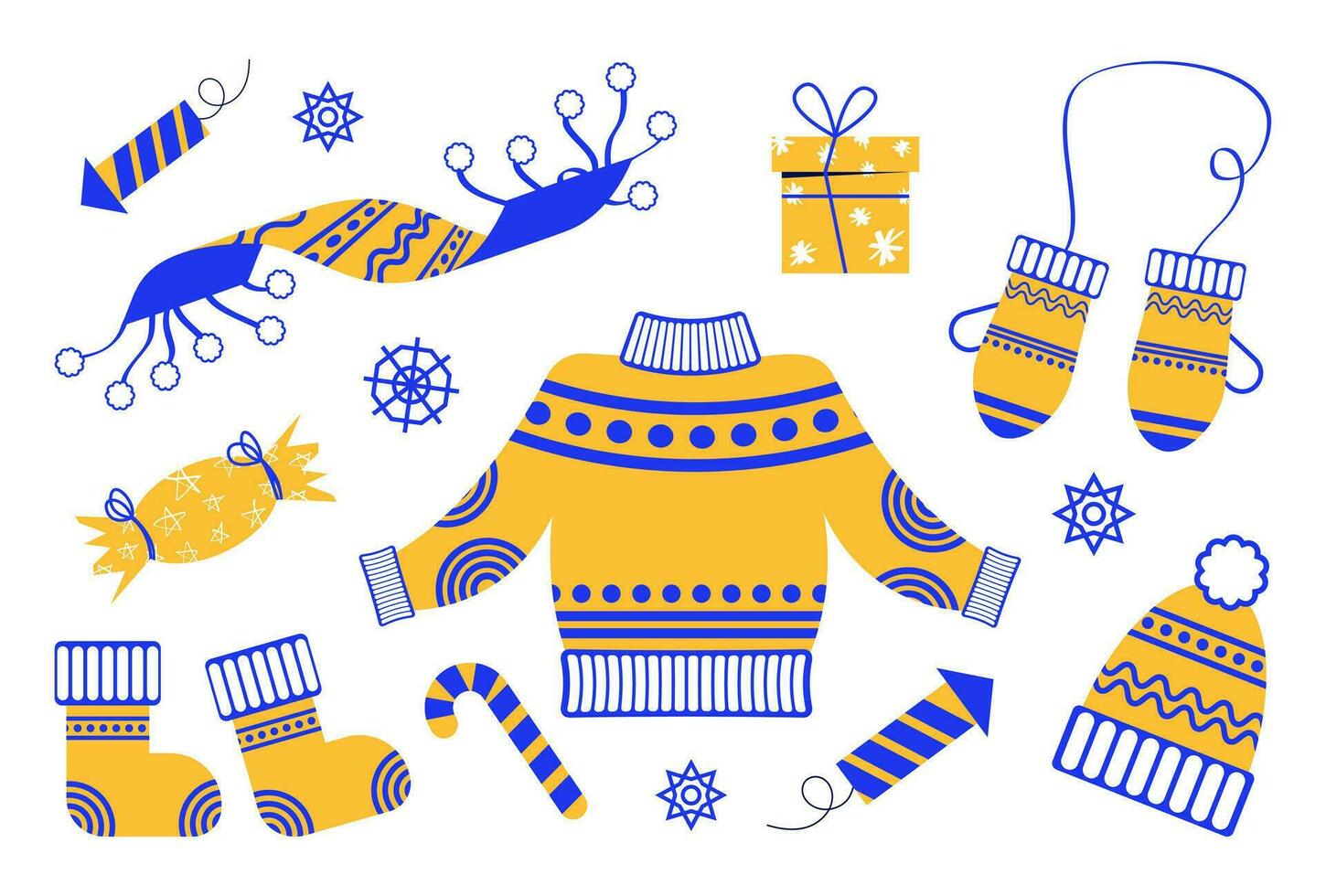 Set of winter clothes. Sweater, socks, scarf and gloves. Vector illustration of winter clothes elements in flat style.