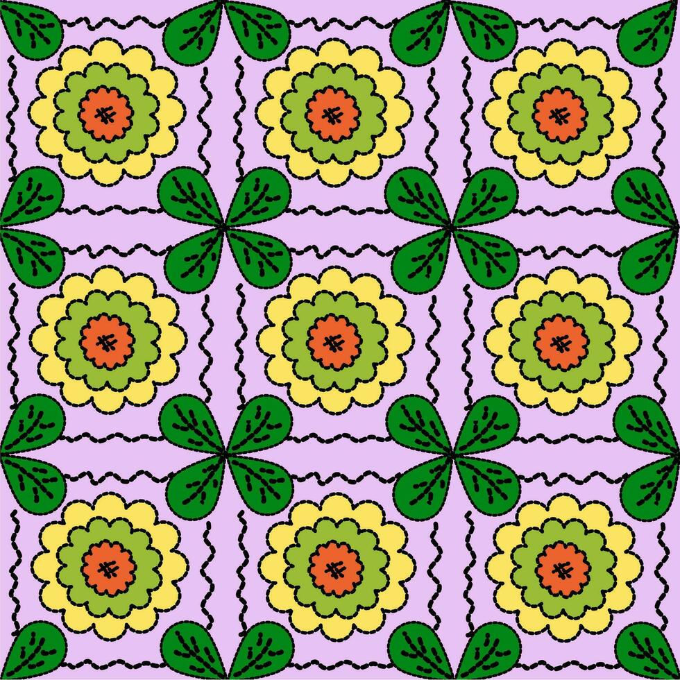 Seamless Pattern colorful flowers and green leaves, art and design vector