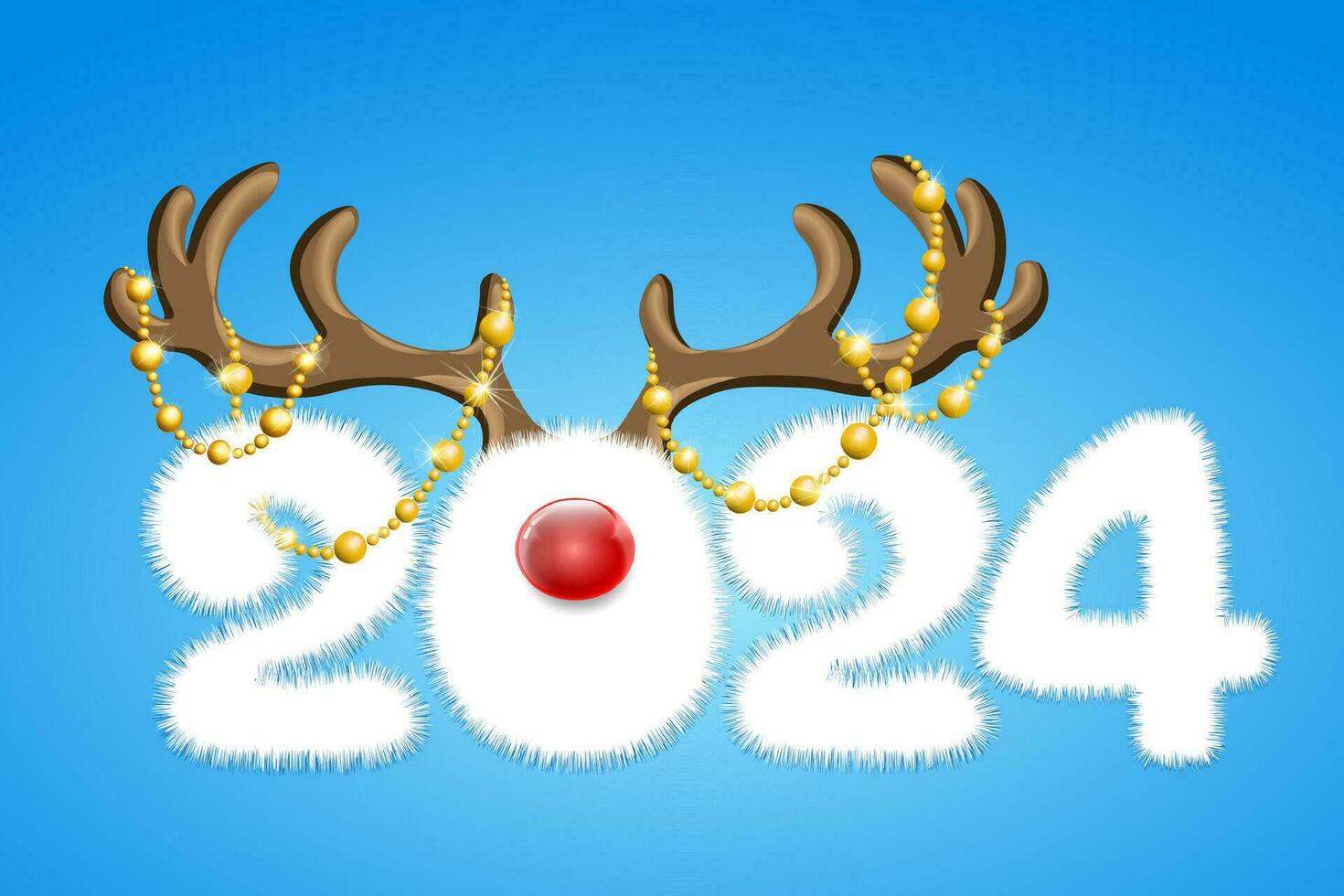 Cute fluffy white cartoon 2024 new year number with deer horns and red nose. Christmas, new year concept vector