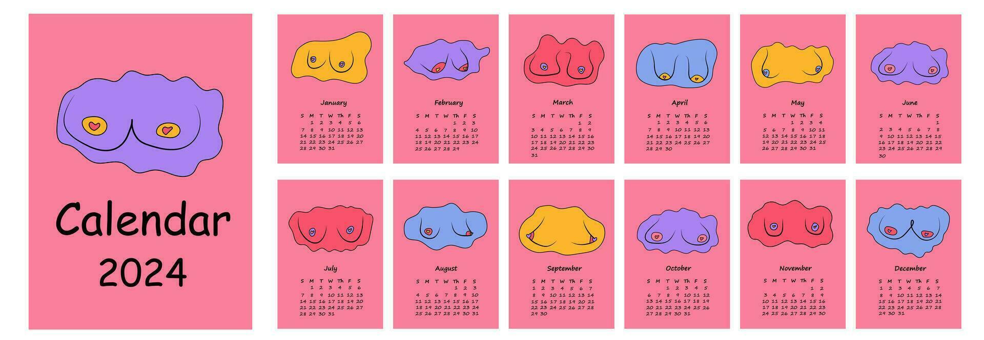 2024 calendario con mano dibujado mujer pecho recopilación. calendario planificador mínimo estilo, anual organizador. vector ilustración