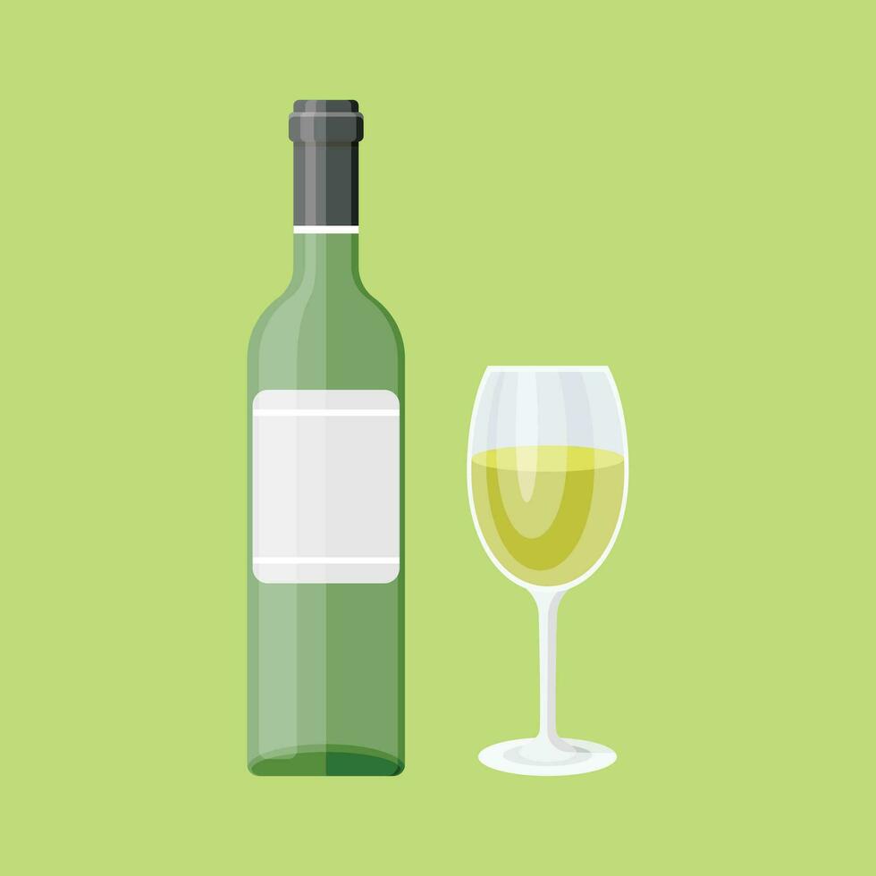 Wine bottle with glass icon in flat style. Alcohol drink vector illustration on isolated background. Champagne beverage sign business concept.