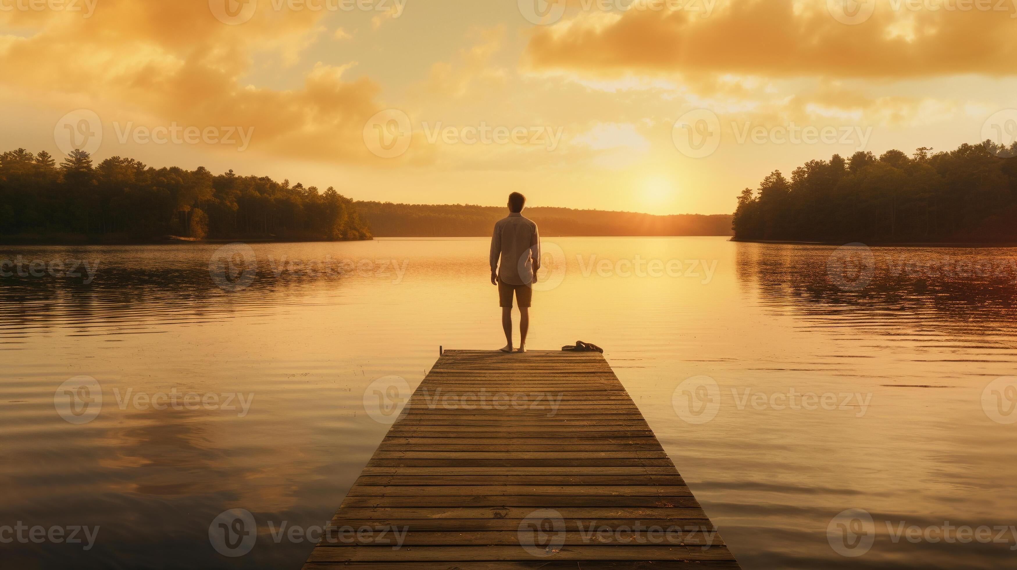 a young man stands poised on a weathered wooden jetty that stretches out into a serene lake AI