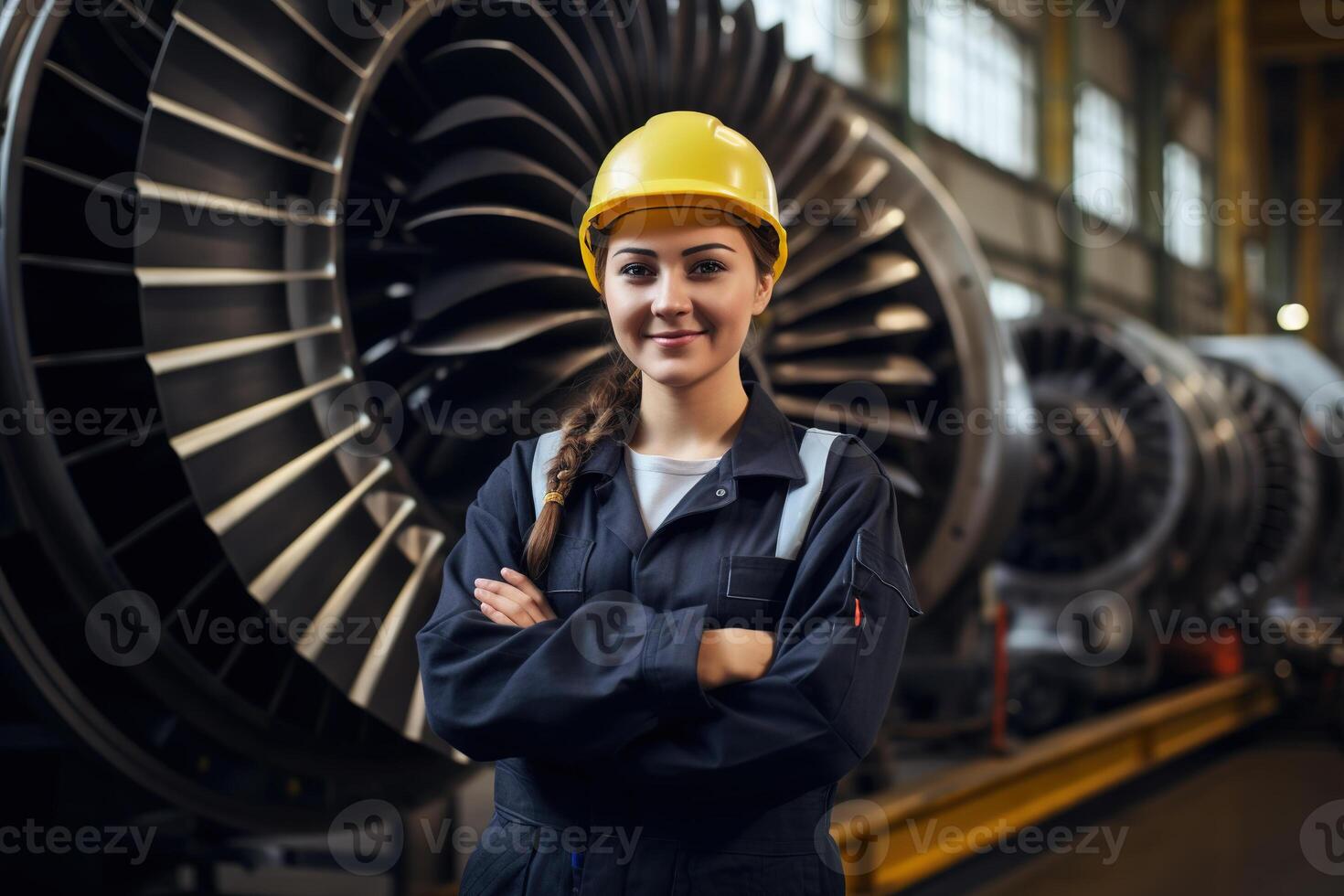 female factory worker in front of a large turbine. women in manufacturing, technologies, industrial AI Generative photo