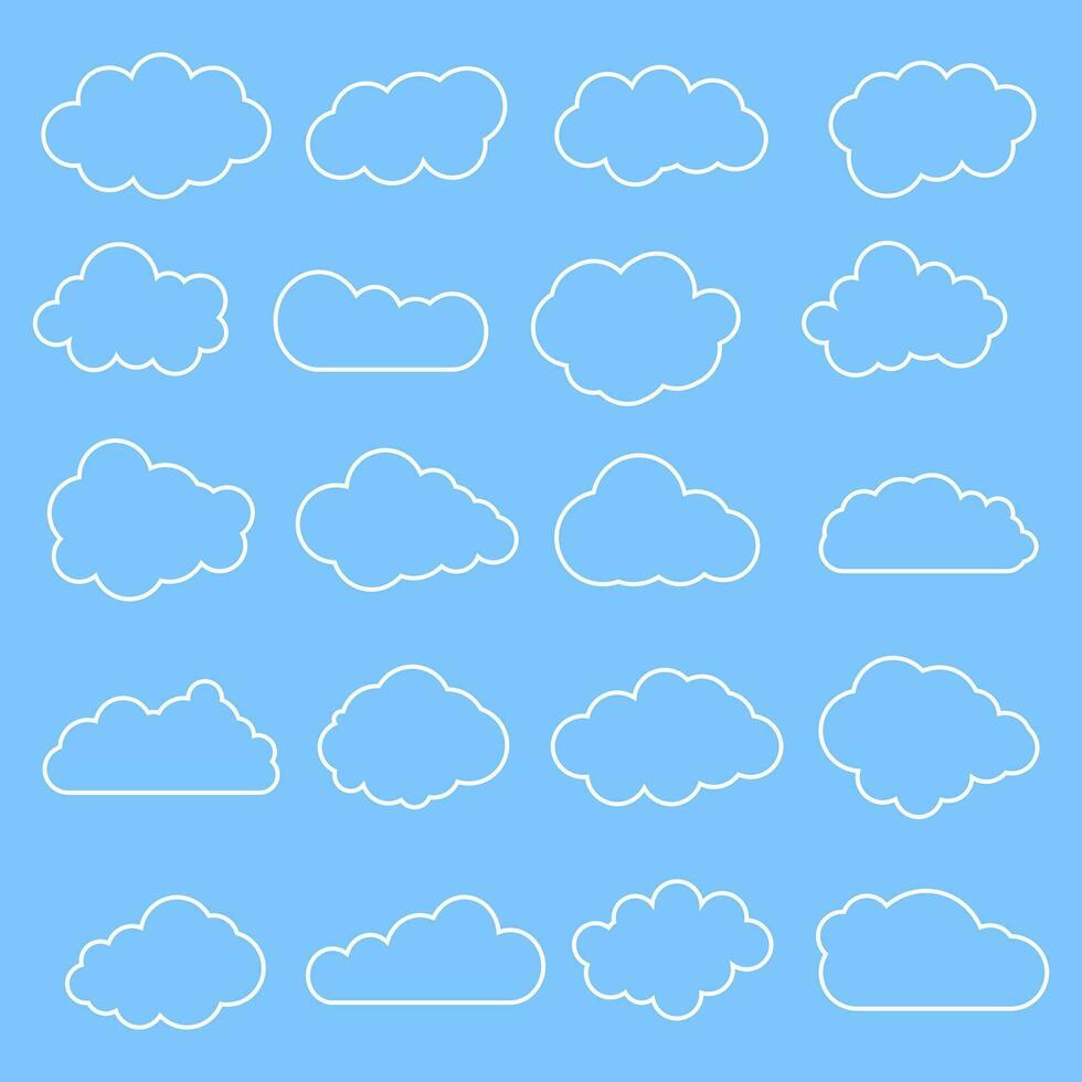 Cloud line symbols. Clouds set collection on blue background. Vector drawing.