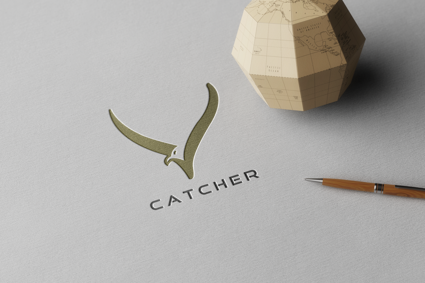 PSD Embossed Paper Logo Mockup With Globe And Pen