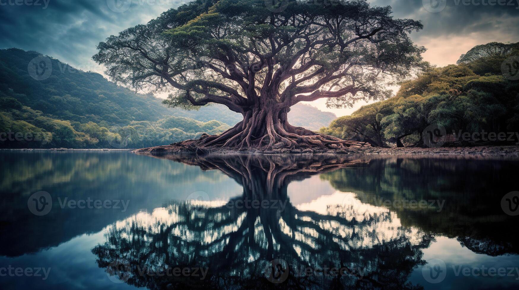 reflexivo naturaleza retrato de enorme árbol y lago. árbol reflejando en agua ai generativo foto