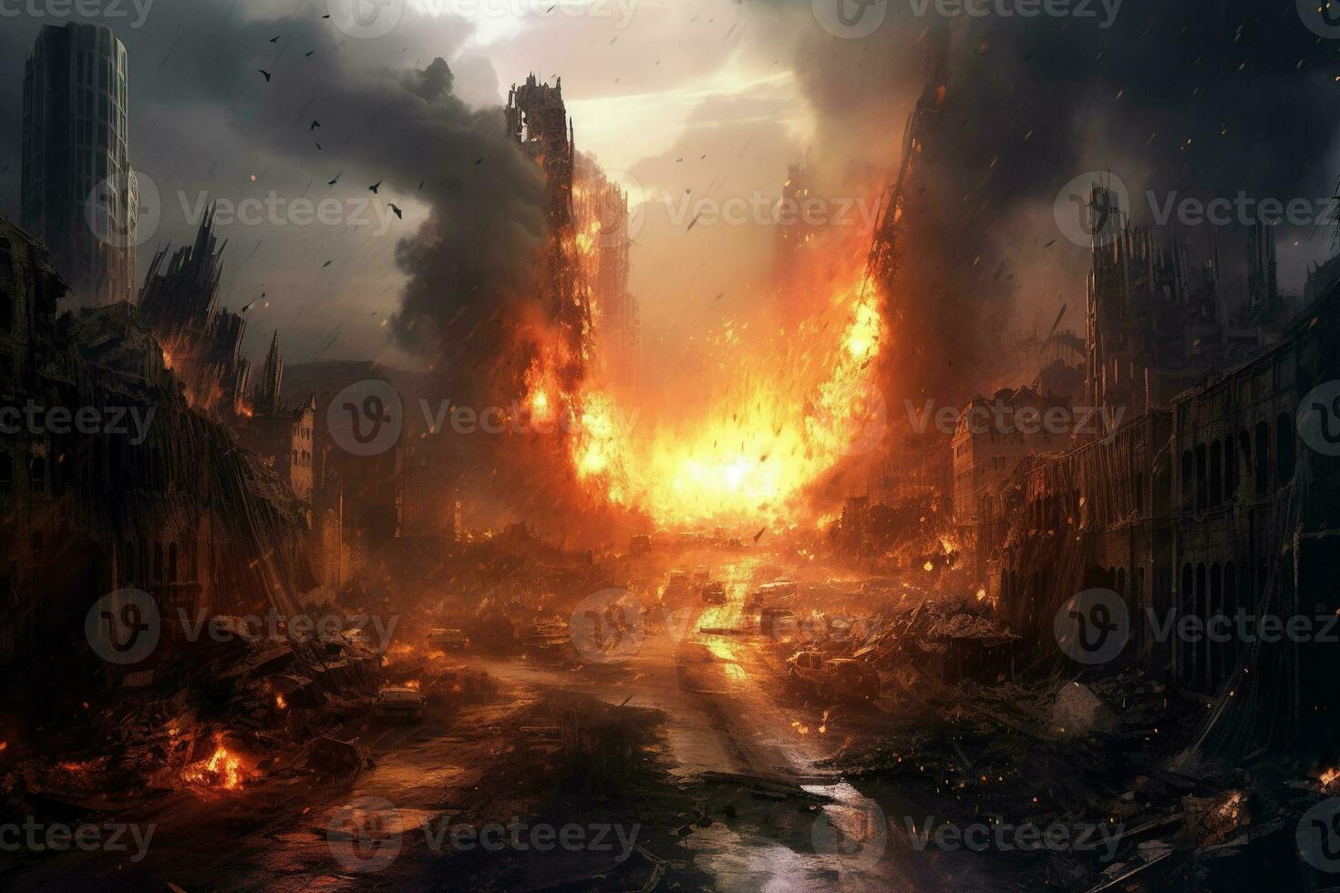 illustration of Destruction of city with fires, explosions and collapsing structures. Concept of war and disaster AI Generative photo