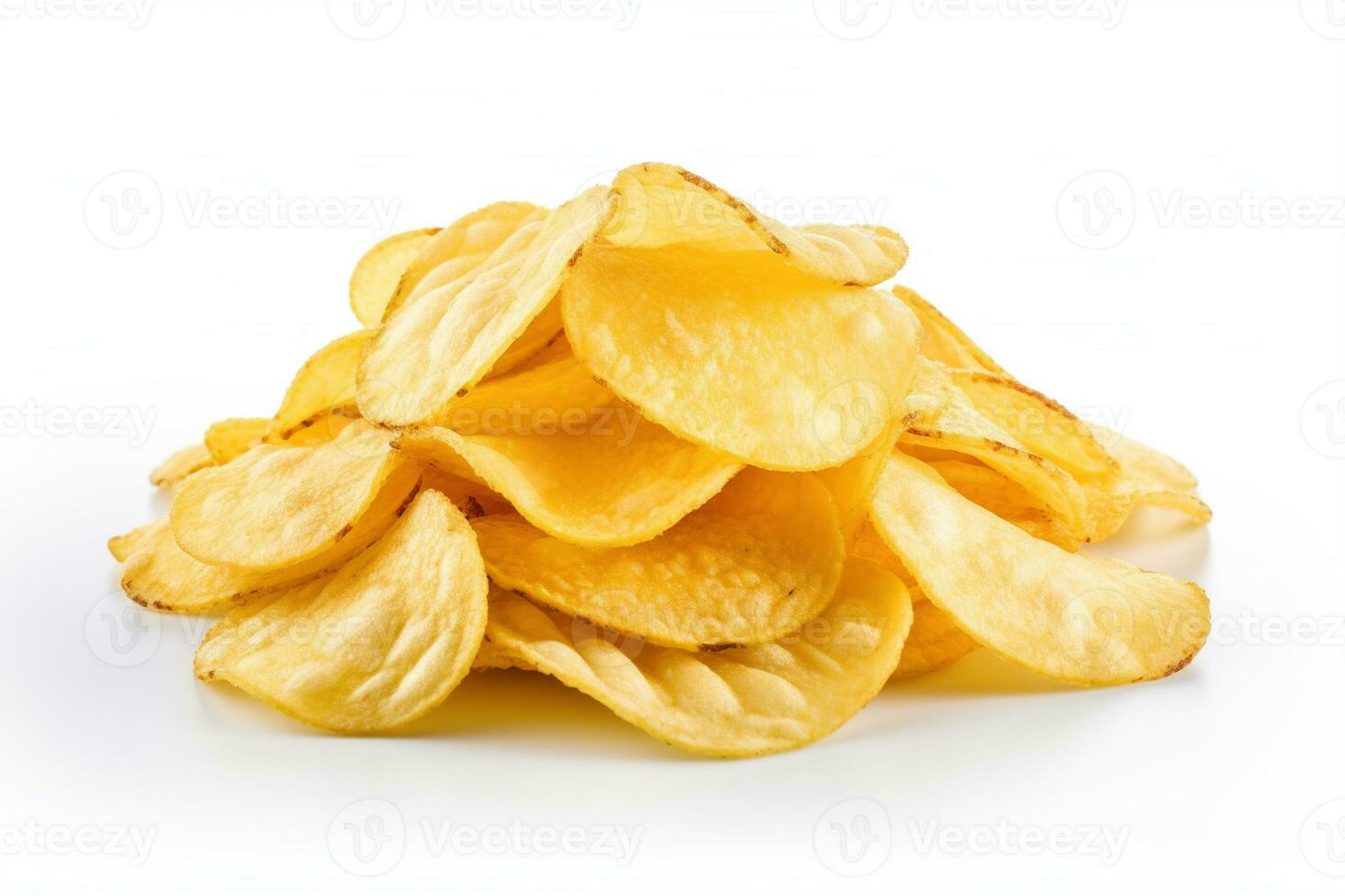 Pile of potato chips or crisps, crispy and delicious crisps, a popular snack food enjoyed worldwide, isolated on a white background. AI Generative photo