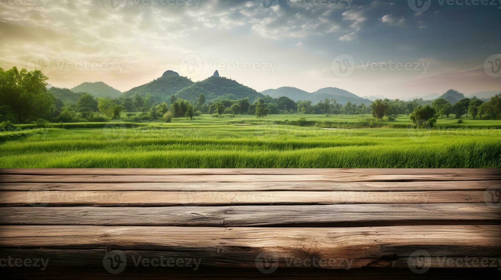 Empty wooden table and beautiful landscape on background, AI Generative photo