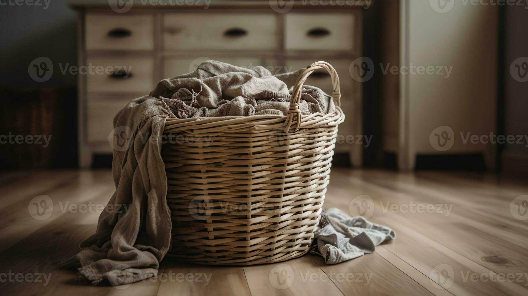 cesta con sucio lavandería en piso, ai generativo foto