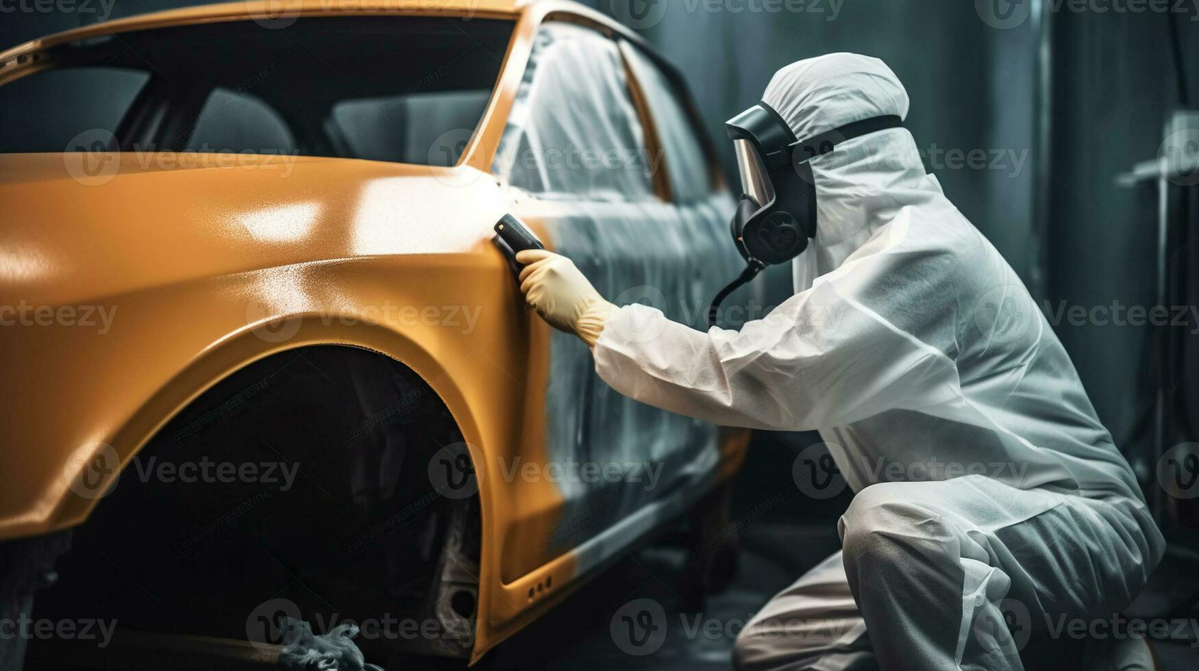 Car painter in protective clothes and mask painting a car, mechanic using a paint spray gun in a painting chamber. Paint job, car service, garage. Generative AI photo