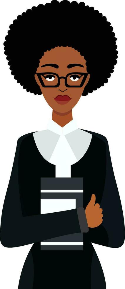 Black female professor flat style vector illustration, black lady teacher, lecturer, wearing eyeglasses and holding a clipboard or documents stock vector image