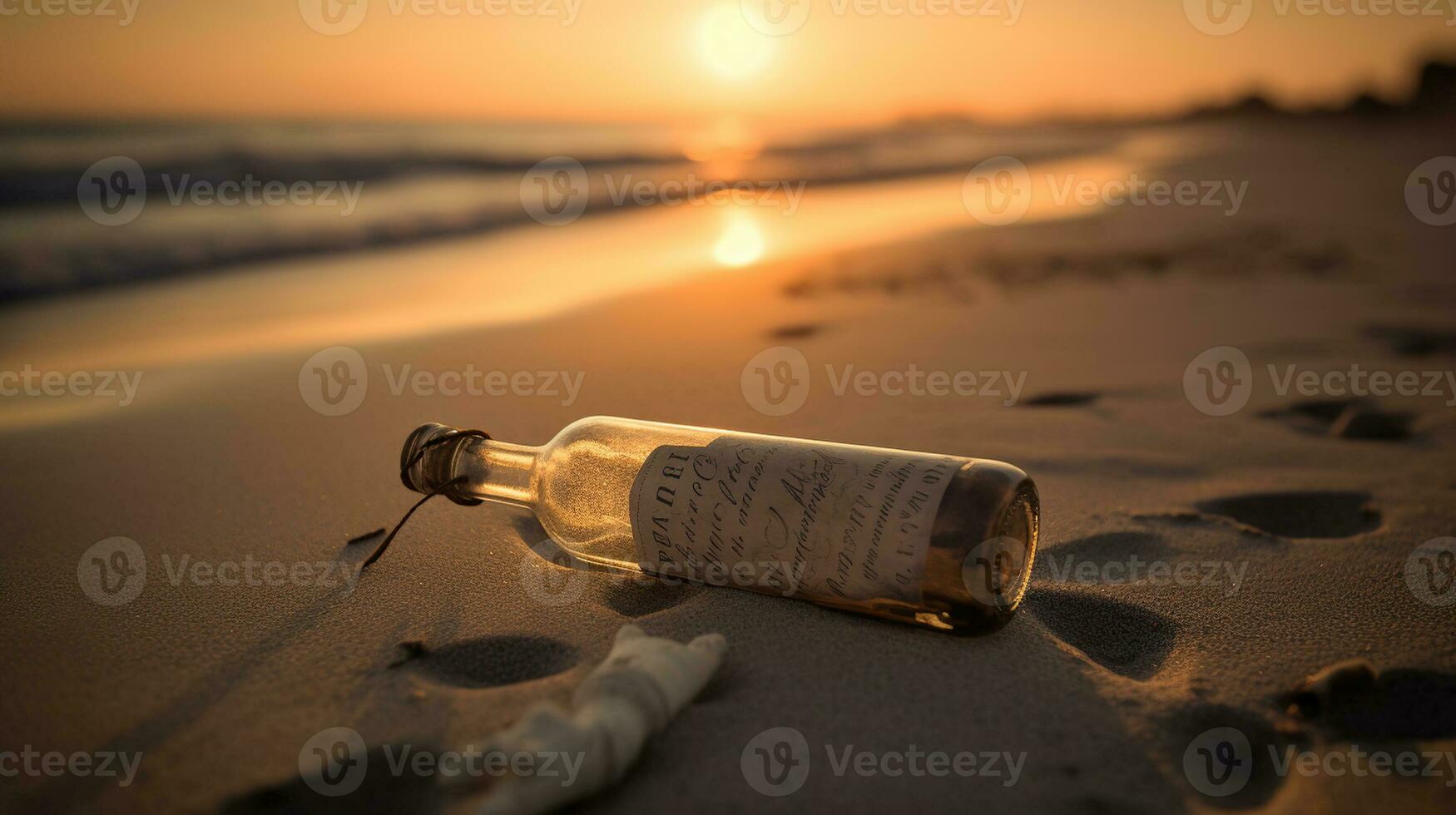 Message in the bottle washed ashore against the sun setting down. Generative AI photo