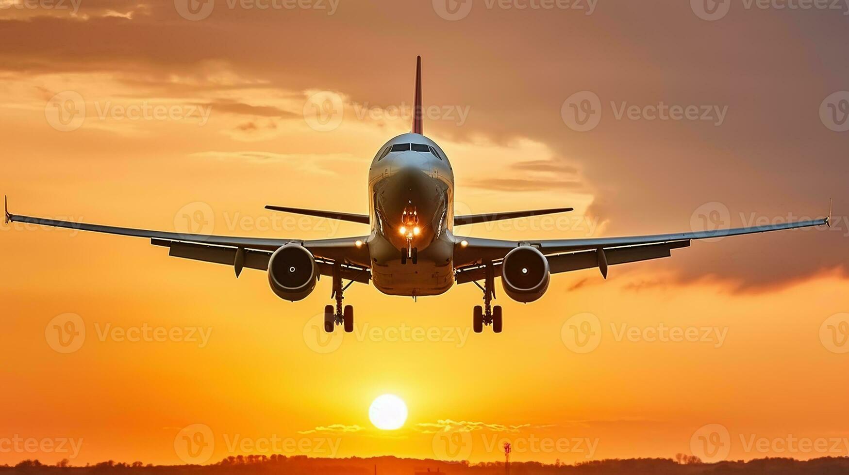 A Captivating View as a Passenger Plane Descends Over Take-off. Generative AI photo