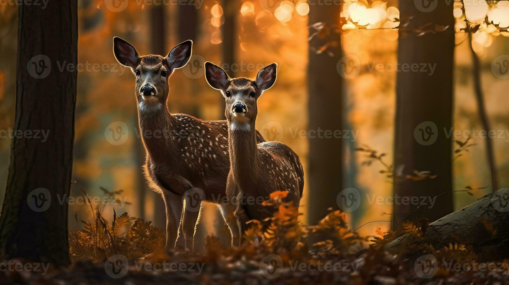 serenidad a puesta de sol - majestuoso ciervo y gama en el bosques, generativo ai foto