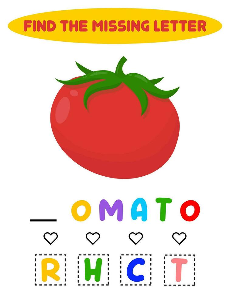 Find the missing letter. Tomato. educational sheet for children vector