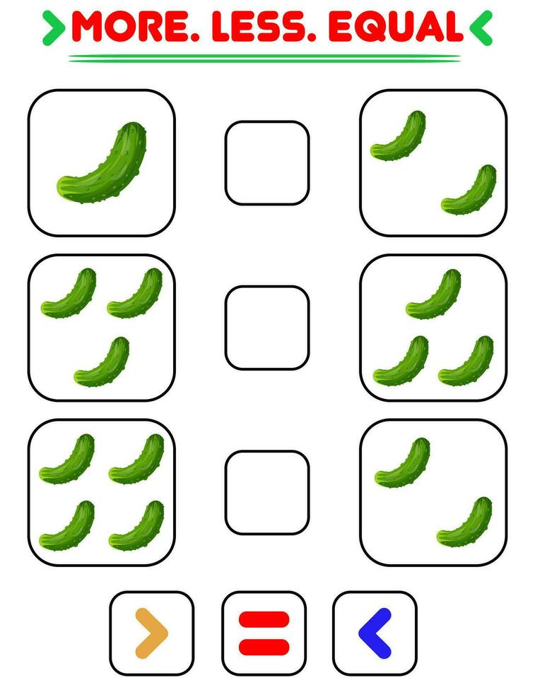 Compare the number of cucumbers. Write the sign more , less, equal. Teaching children. Education for kindergarten vector