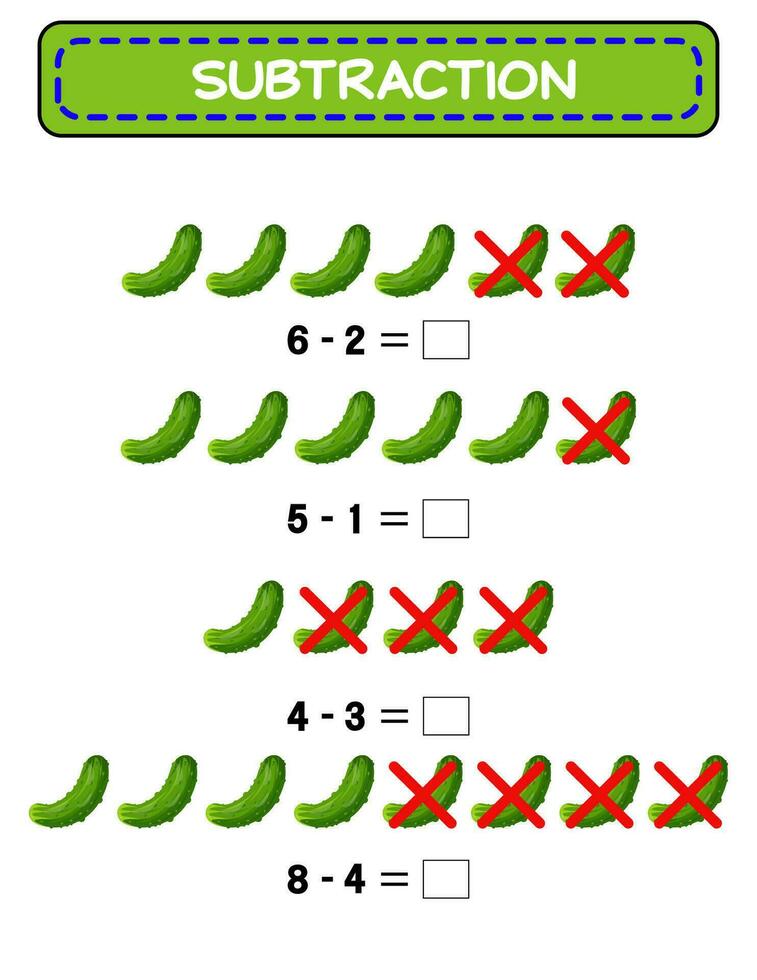 Subtraction for children. Cucumber. vegetables. minus. training for children. worksheet. vector