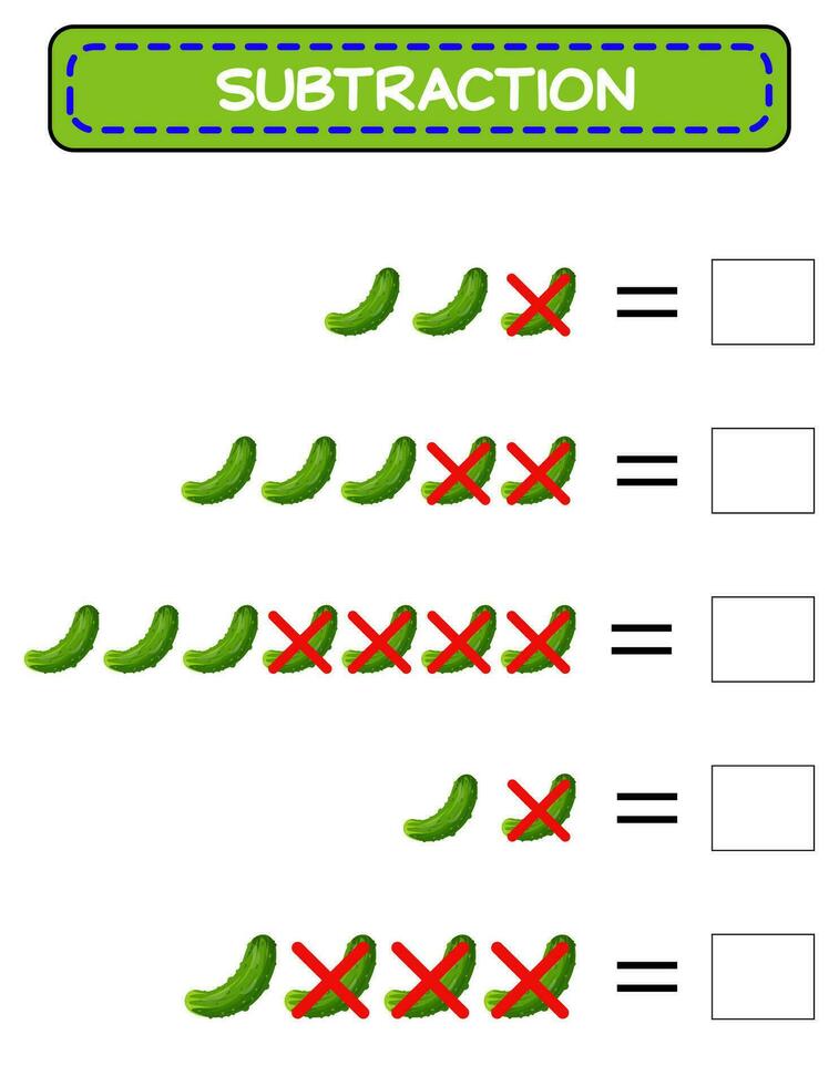 Subtraction for children. Cucumber. vegetables. minus. training for children. worksheet. vector