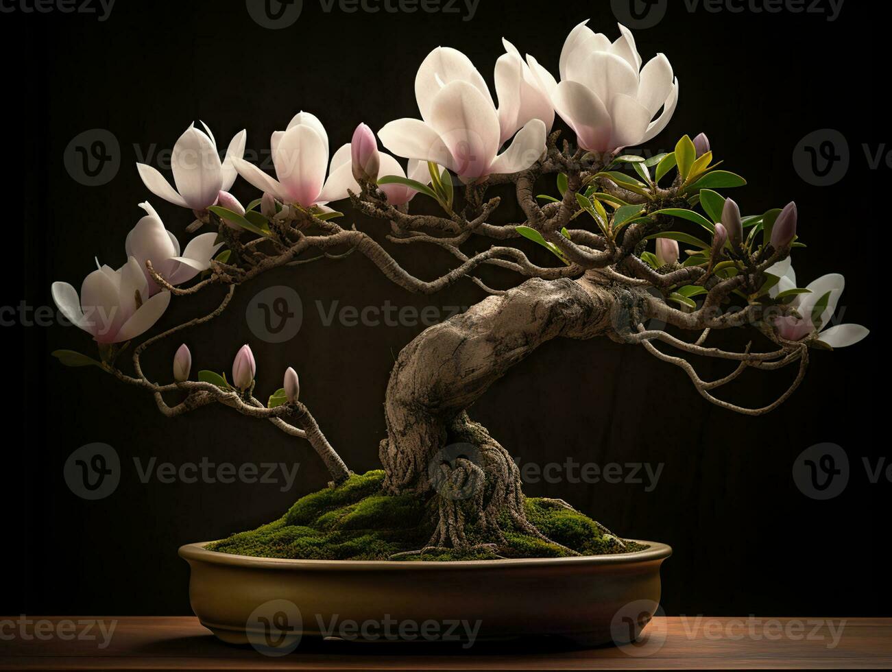 An exquisite bonsai magnolia tree, extremely detailed perfect flowers with plush waxy petals, Generative AI photo