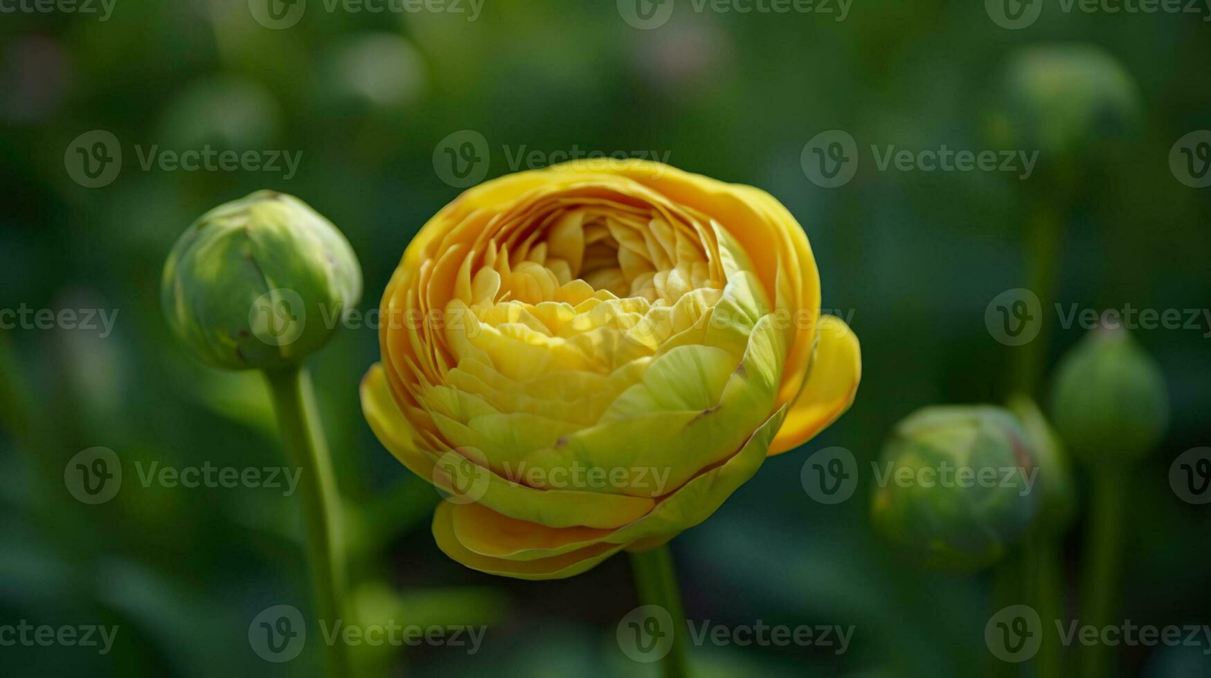 A beautiful blossoming ranunculus bud in the field. Persian buttercup flower farm at springtime blooming season. AI Generative photo