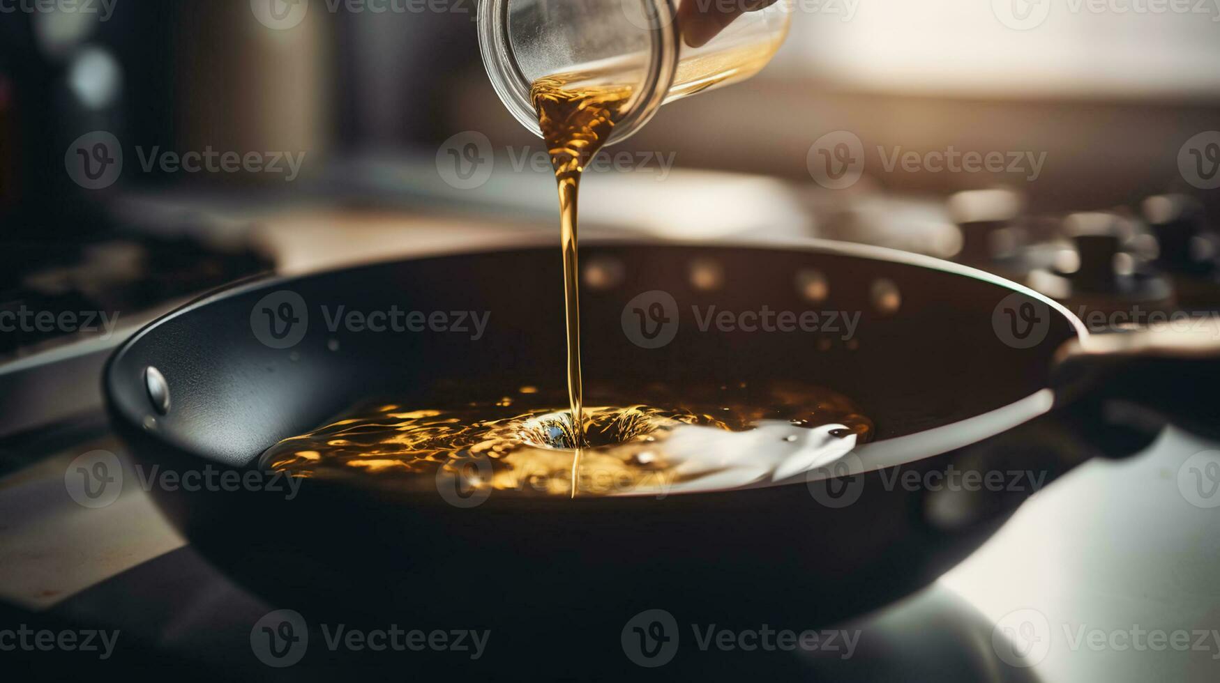 hombre torrencial girasol petróleo en fritura pan en cocina. ai generativo foto