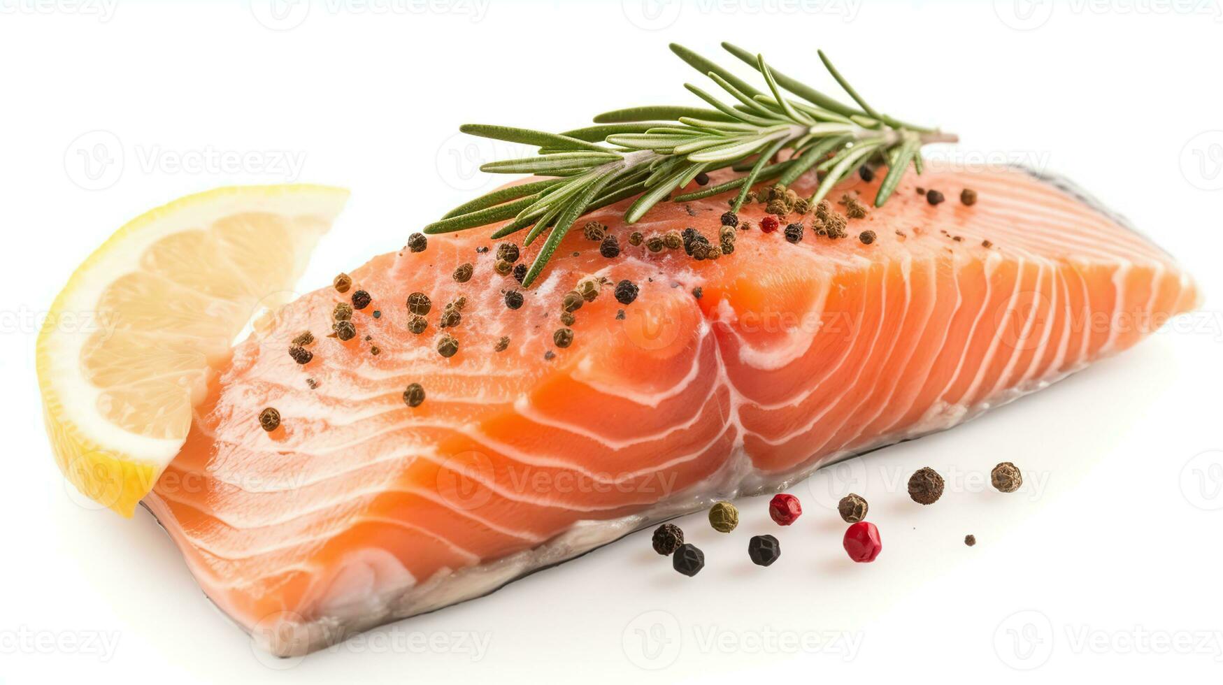 Slice of red fish salmon with lemon, rosemary and peppercorns isolated on white background. Top view, Generative AI photo