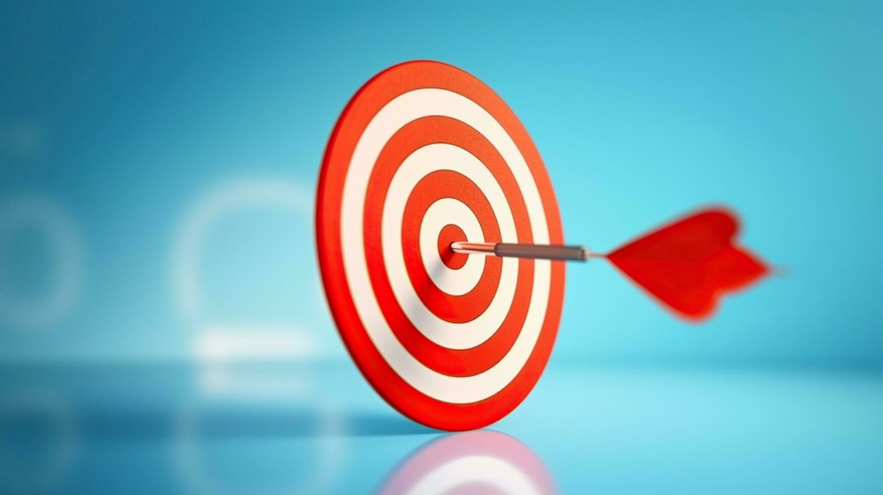 Creative illustration of red round shaped target with thin arrow representing concept of setting goals correctly on blue background, Generative AI photo