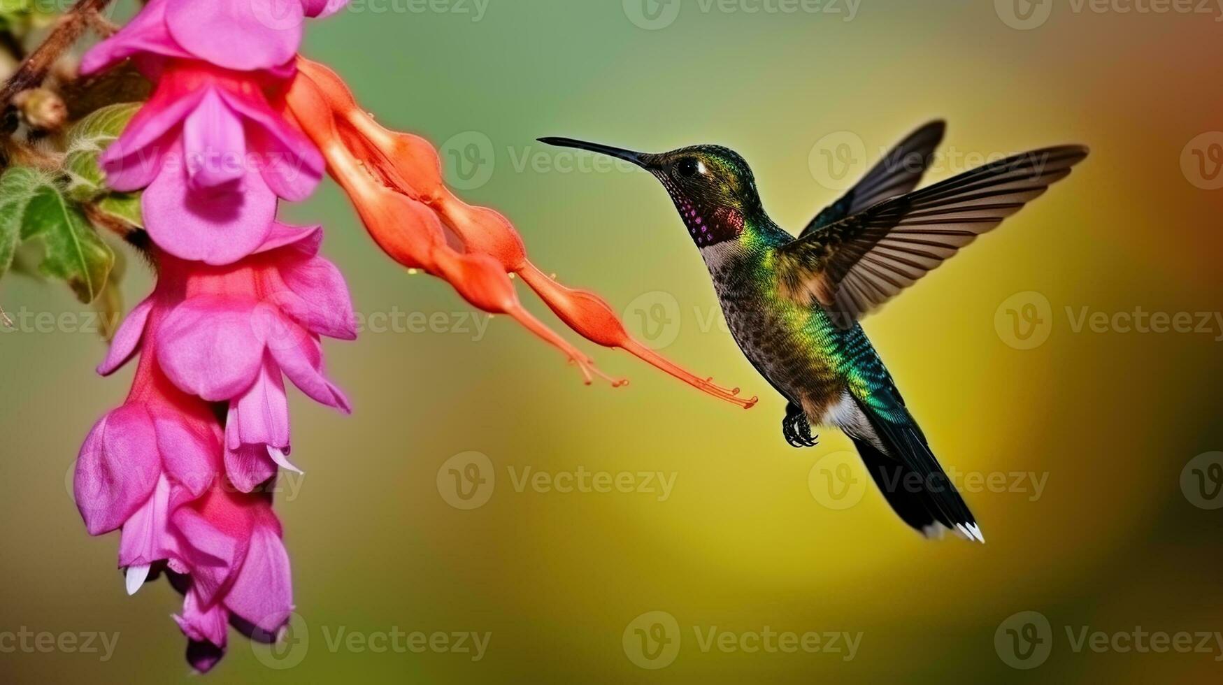 fauna silvestre escena desde selva. colibrí con rosado floración en bosque hábitat. volador en el naturaleza tropical madera hábitat, generativo ai foto