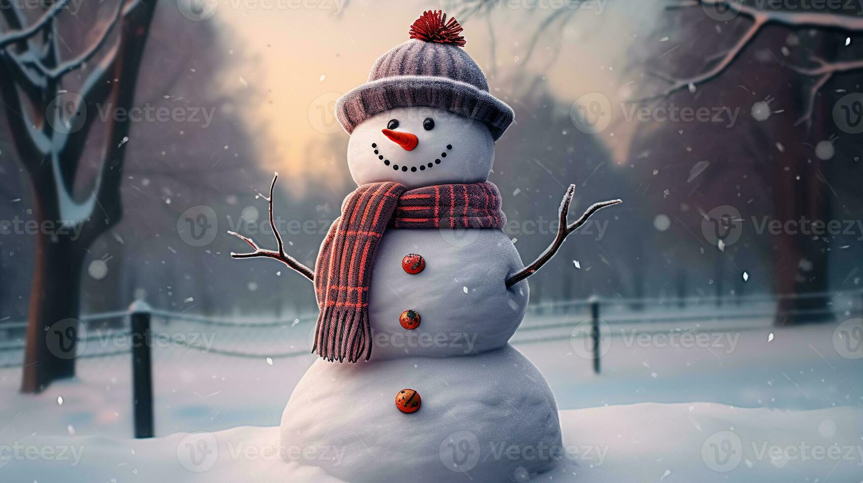Beautiful Snowman with scarf and hat as winter snow time or new year decoration, Generative AI photo