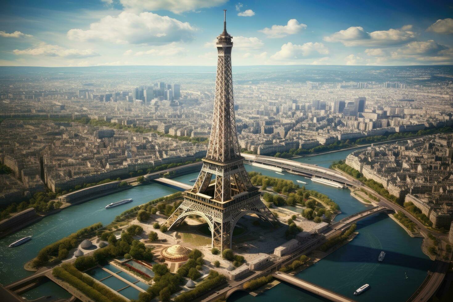 The Eiffel Tower in Paris, France. Aerial view. Aerial view of the Eiffel Tower, AI Generated photo