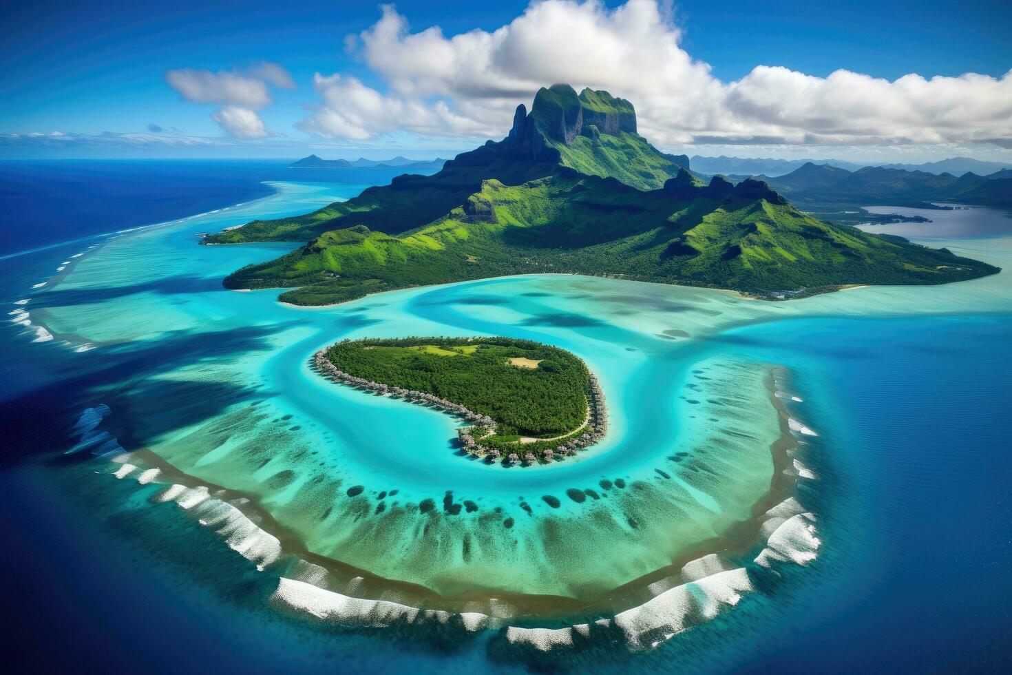 Aerial view of small island with white sand and turquoise ocean, Aerial View of Bora Bora Island and Lagoon, AI Generated photo