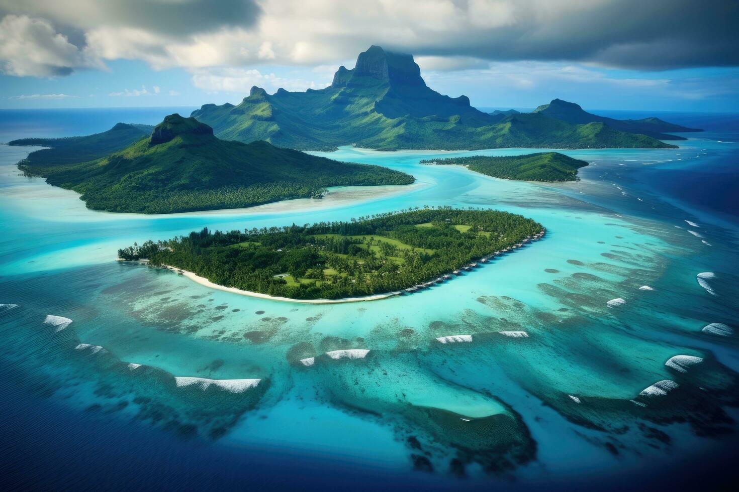 aéreo ver de el isla de bora bora, francés Polinesia, aéreo ver de bora bora isla y laguna, ai generado foto