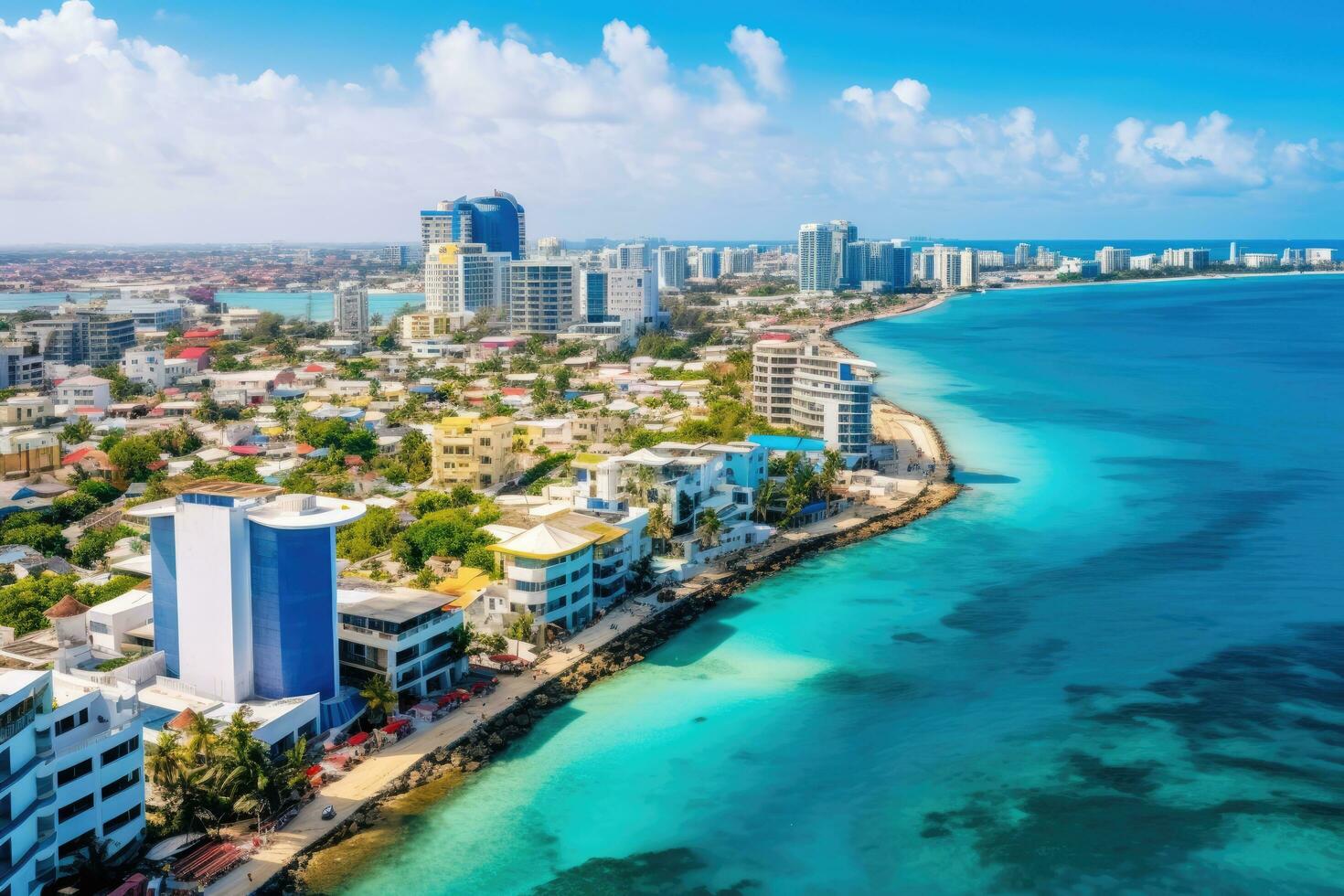 Aerial view of beautiful tropical beach and sea with blue sky background, Aerial view of Male the capital of the Maldives,  AI Generated photo