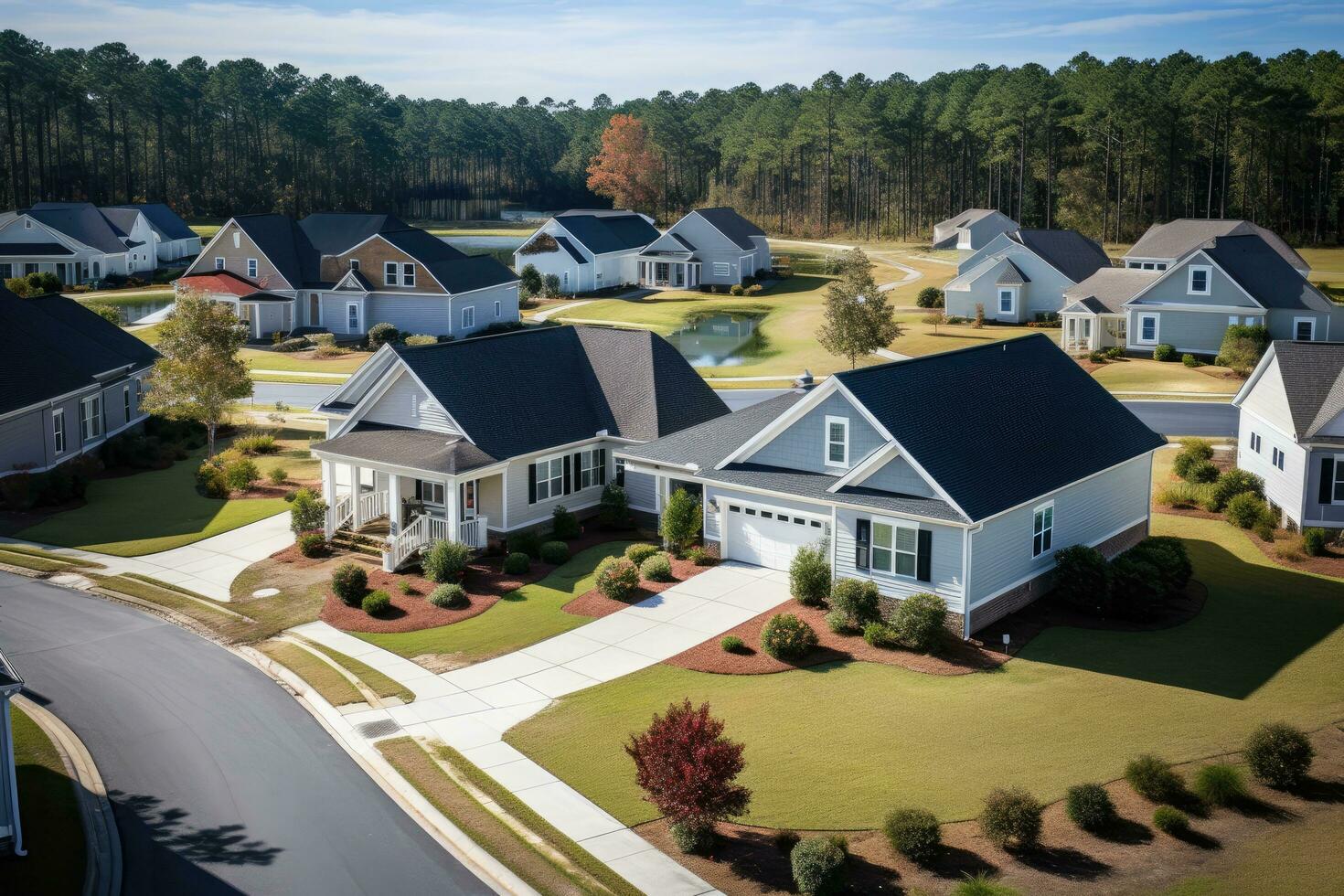 Aerial view of suburban neighborhood with single family houses in suburbs of Toronto, Canada, cul de sac at neighbourhood road dead end with built homes in South Carolina residential, AI Generated photo