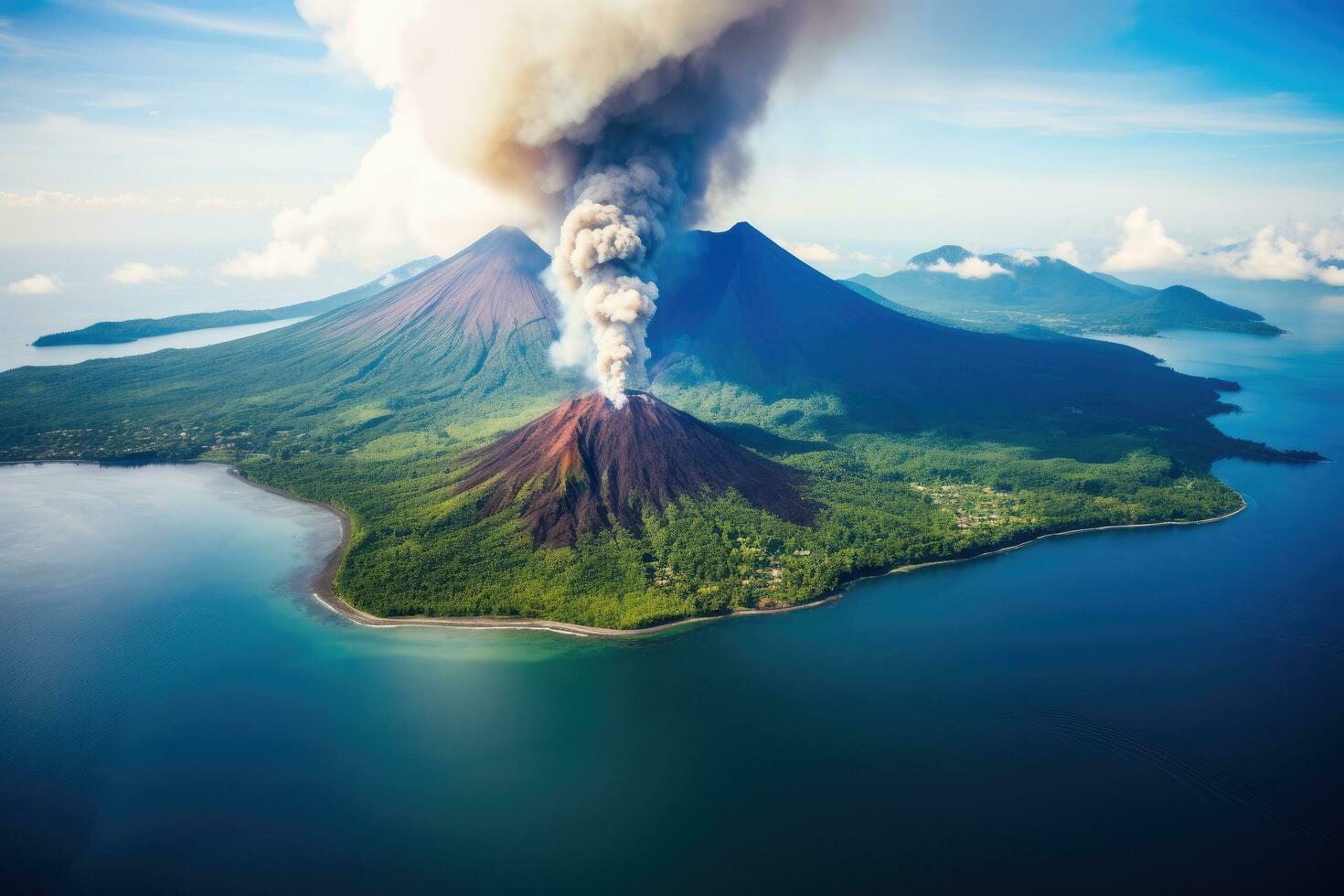 aéreo ver de montar bromo volcán erupción, Java isla, Indonesia, aéreo ver de gamalama volcán en ternado, Indonesia, ai generado foto