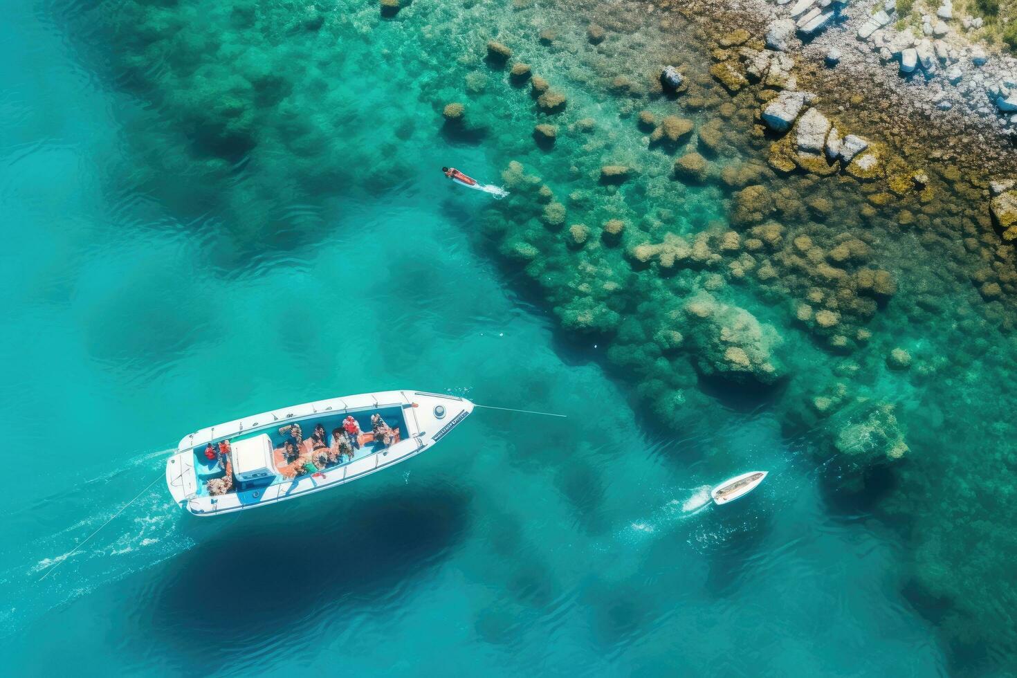 aéreo ver de barco en el turquesa mar. parte superior vista. aéreo ver de un costilla barco con buceadores y diversos a el turquesa de colores costa de el Egeo mar en Grecia, ai generado foto