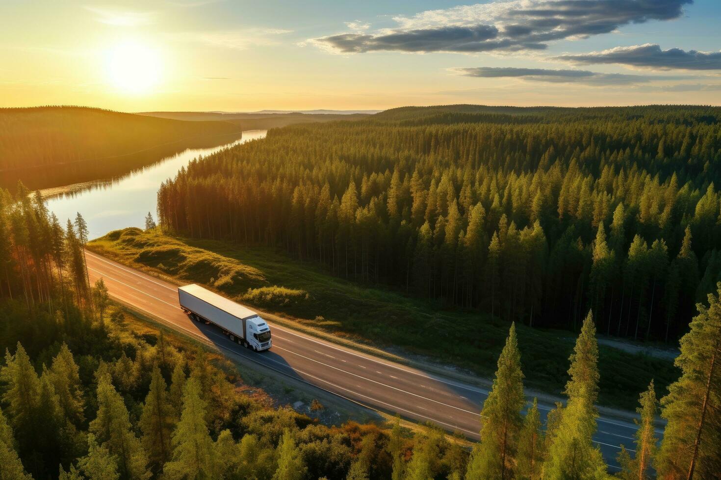 Aerial view of big rig semi truck with cargo trailer running on highway in beautiful summer landscape. semi truck with cargo trailer on road curve at lake shore with green pine forest, AI Generated photo