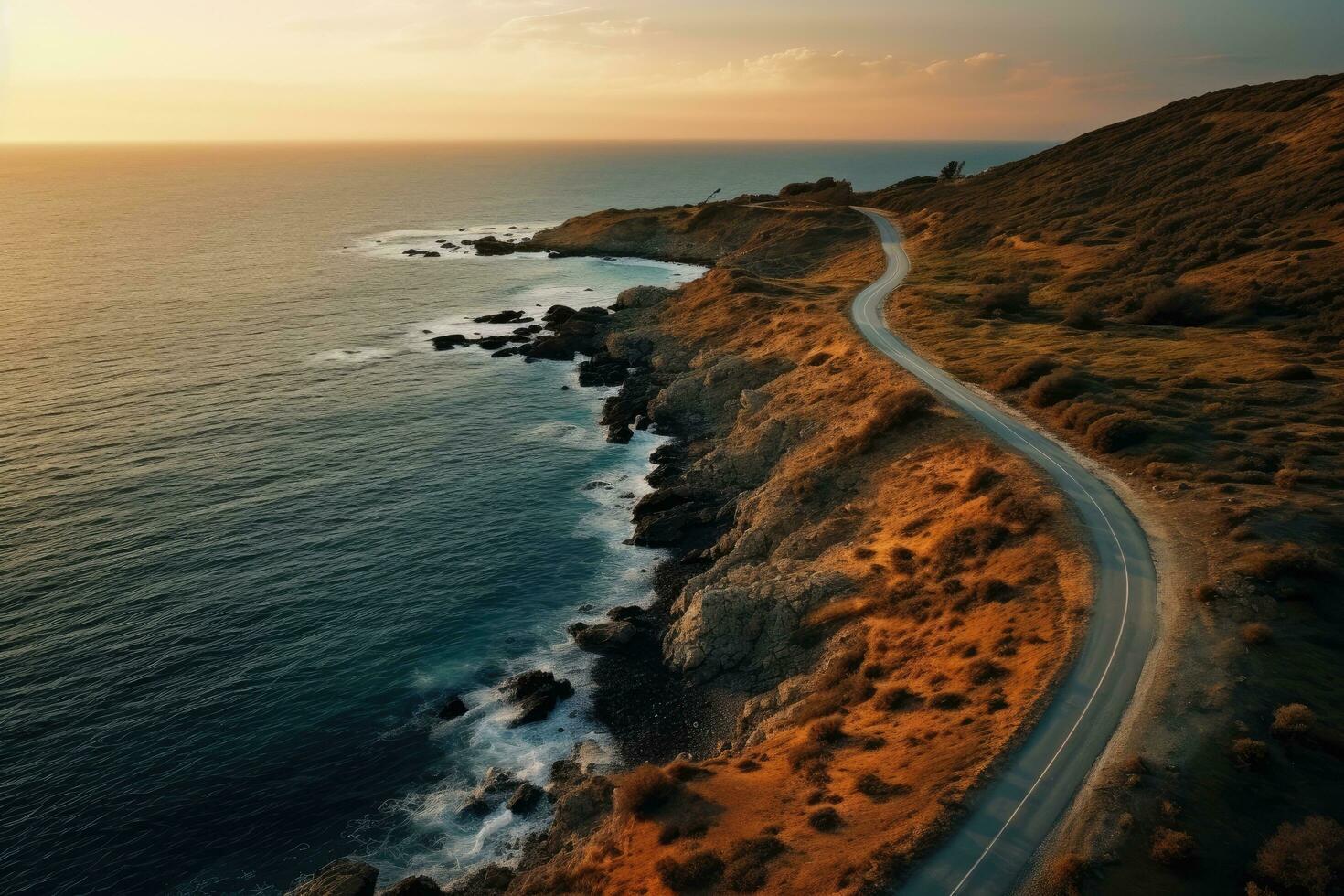 Aerial view of a road leading to the ocean at sunset. aerial view of a road going along the sea at sunset, AI Generated photo