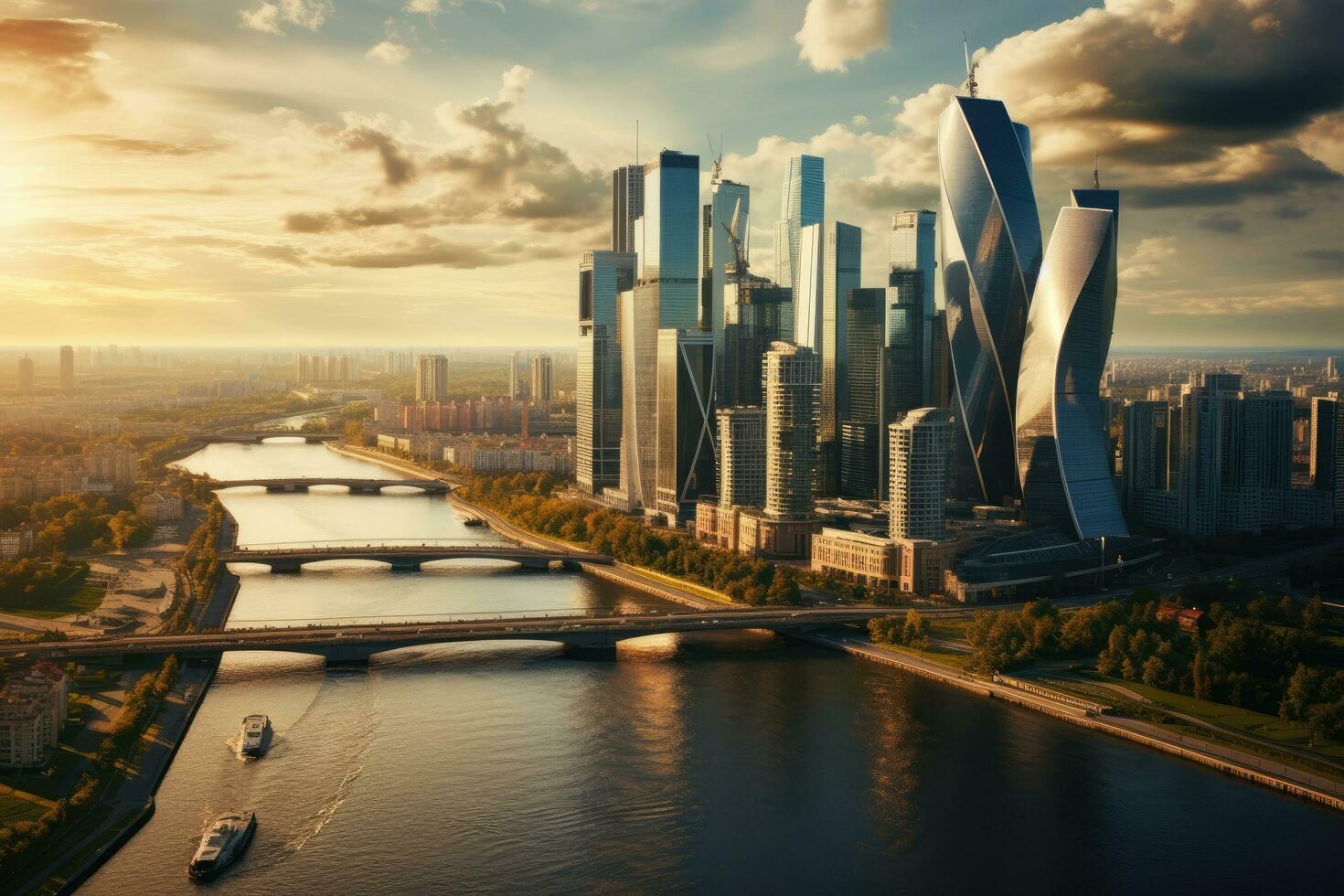 aéreo ver de moderno ciudad a atardecer, Moscú, Rusia. aéreo ver de Moscú ciudad con Moscú río, Rusia, ai generado foto