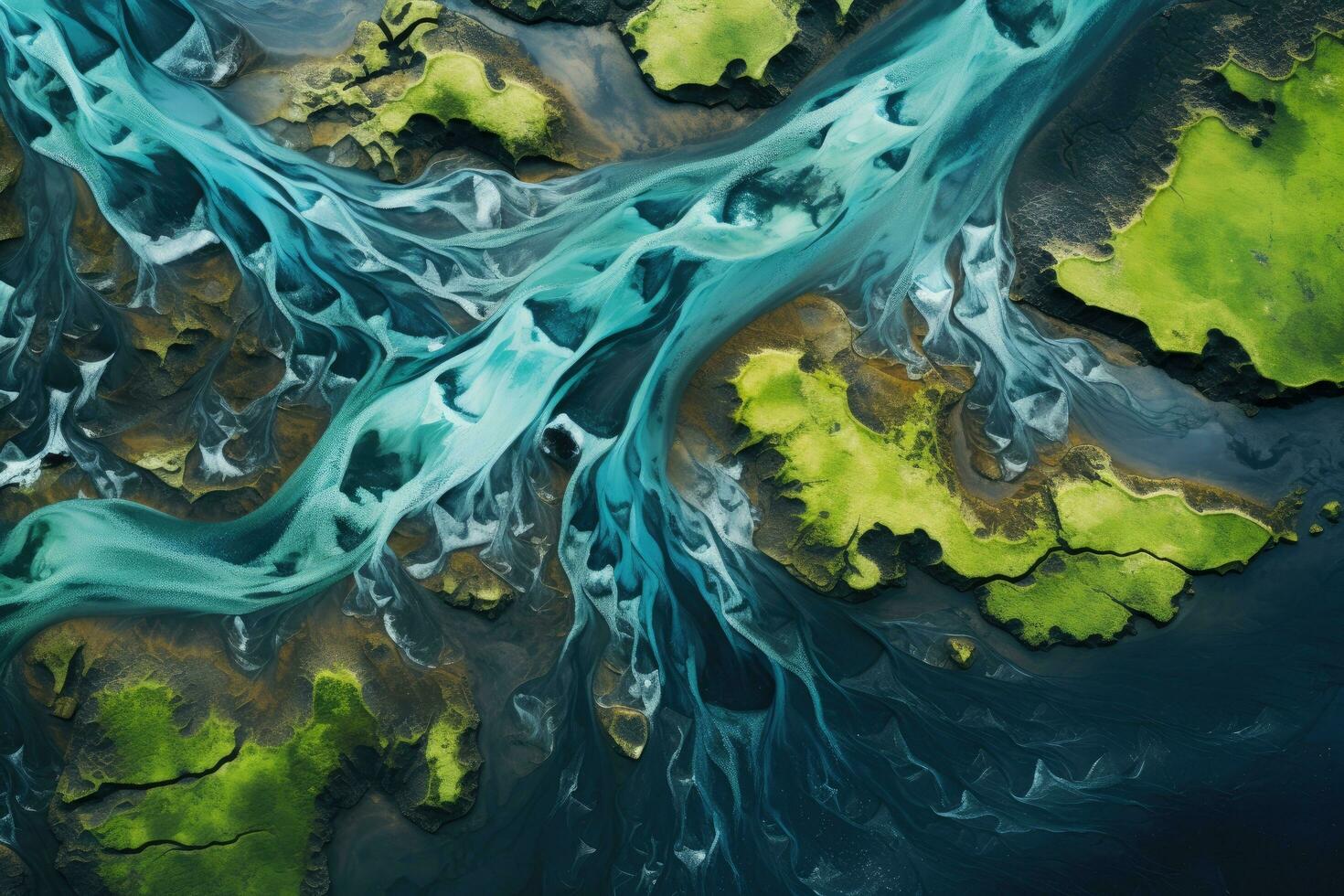 Fantasy alien planet. Abstract fractal shapes. 3D rendering illustration background. Aerial view from above on a green and blue glacier river stream in South Iceland, AI Generated photo