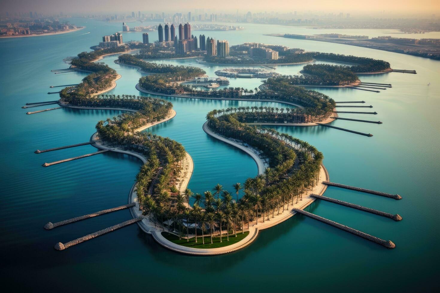 aéreo panorámico ver de dubai centro de deportes acuáticos a atardecer, unido árabe emiratos, aéreo ver de palma isla en Dubái, ai generado foto