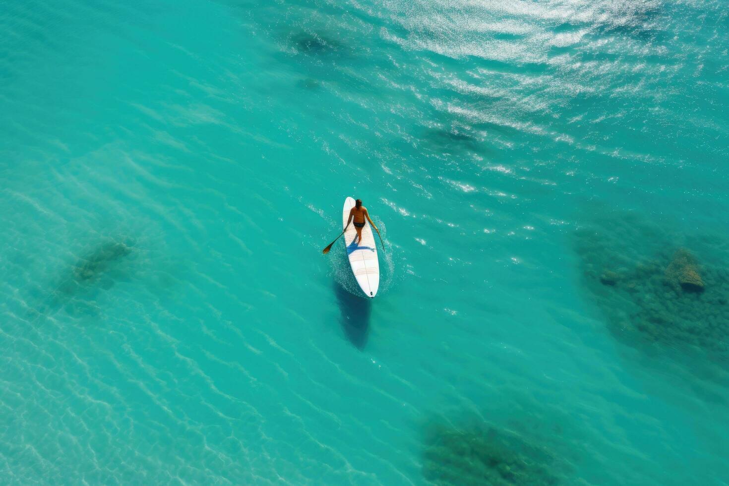 aéreo ver de un mujer en un blanco sombrero con un tabla de surf en el océano, aéreo ver de un mujer en un tabla de surf en el turquesa aguas de el Maldivas, ai generado foto