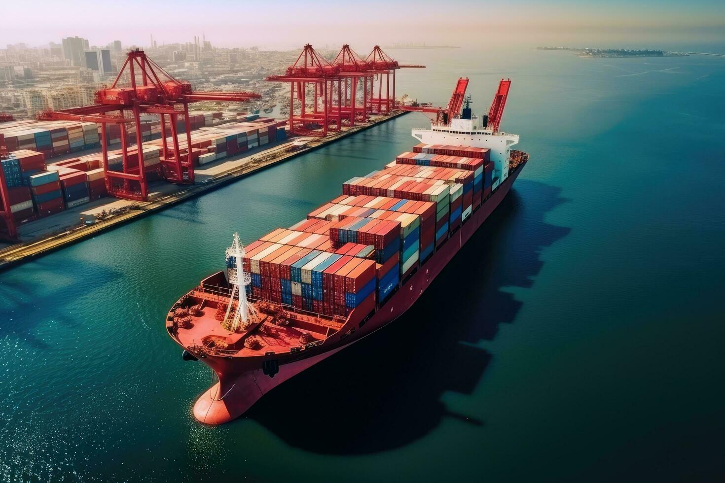 Container Cargo freight ship with working crane bridge for Logistic Import Export background, Container ship or cargo shipping business logistic import and export freight transportation, AI Generated photo