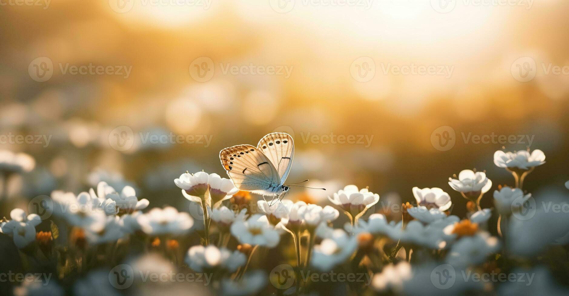 Beautiful flower field with butterfly, macro shot at the golden hour time. Generative AI photo