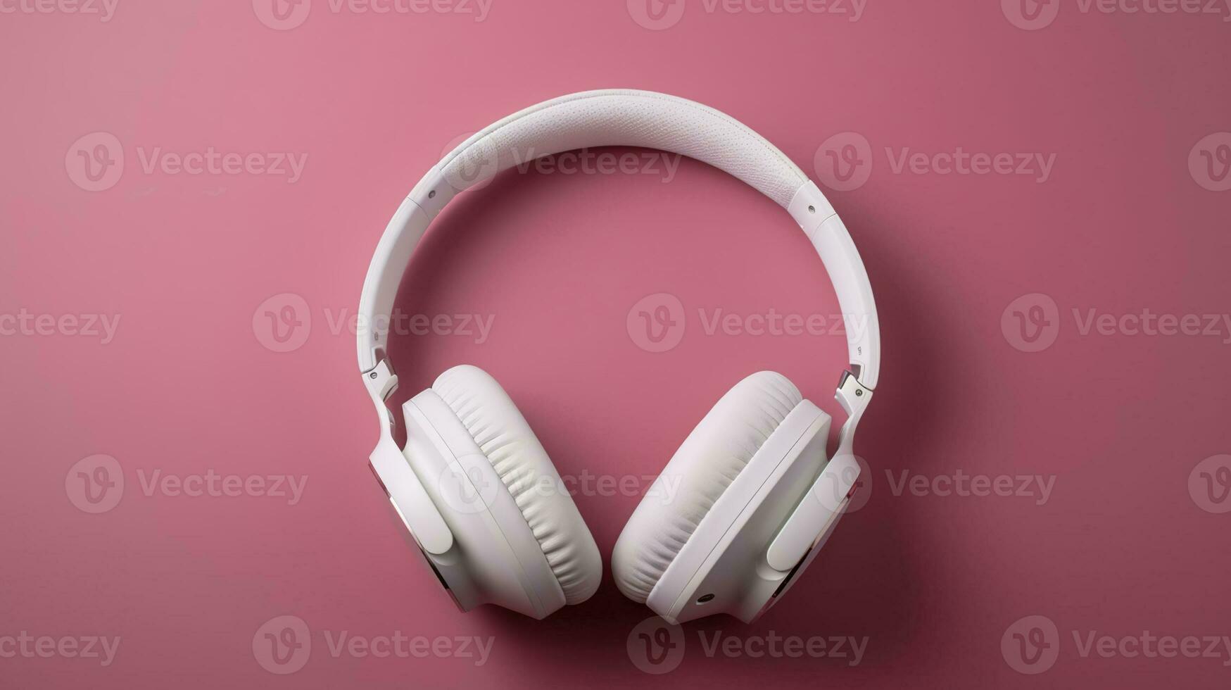 Minimalistic top view composition with white headphones on bright Pink background with a lot of copy space for your text. Close up, flat lay. AI Generative photo