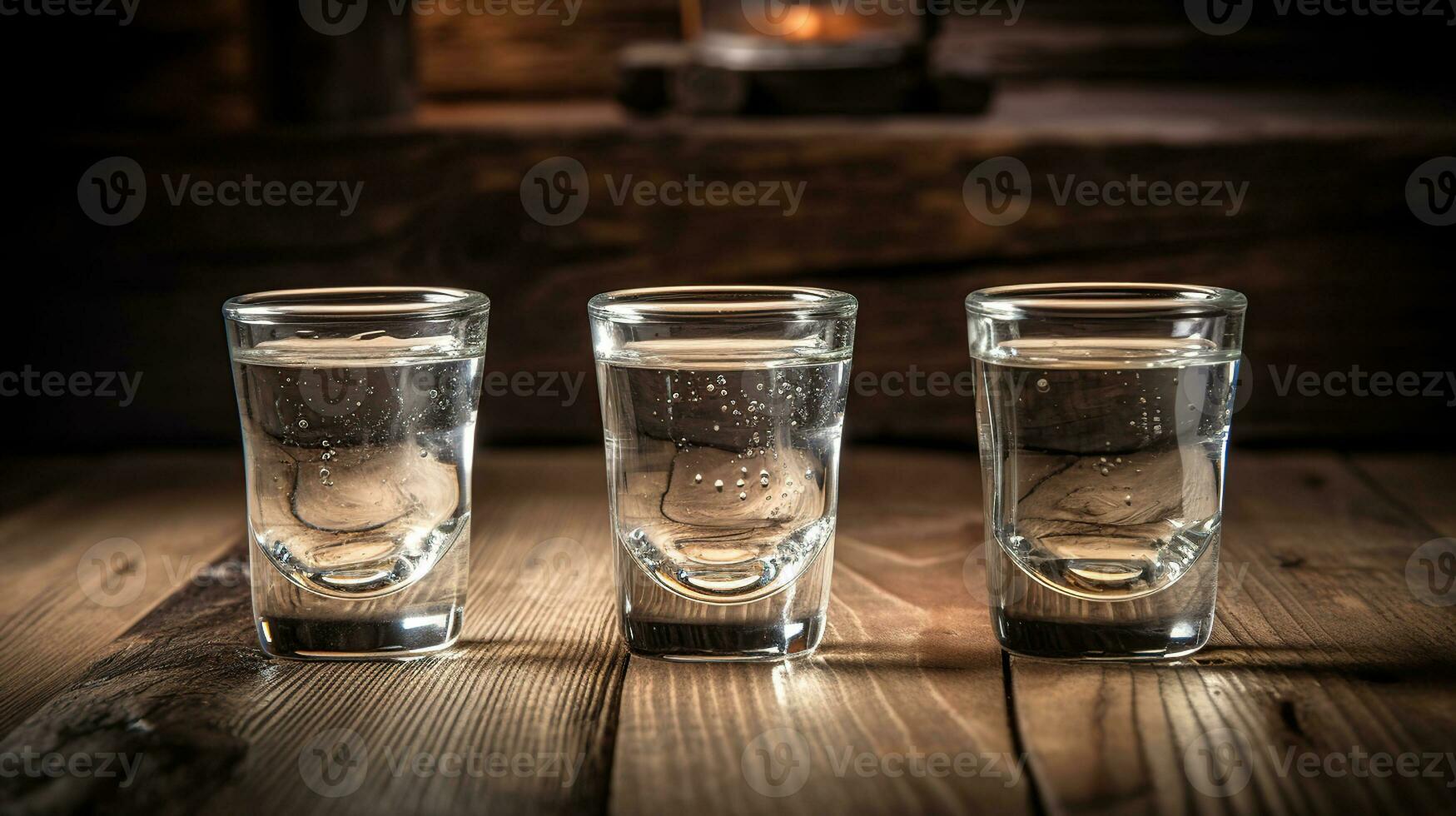 Vodka in shot glasses on rustic wood background, generative ai photo