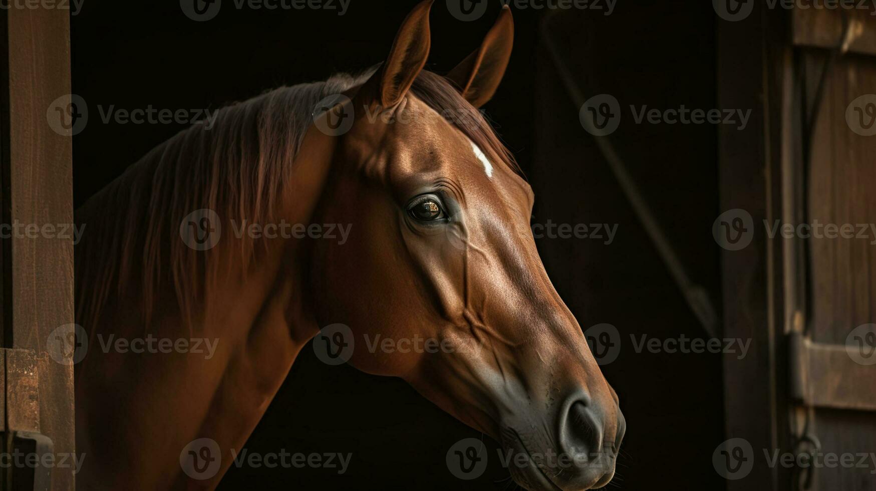 Head of the thoroughbred horse looking over the wooden stable doors. Close up, Generative AI photo