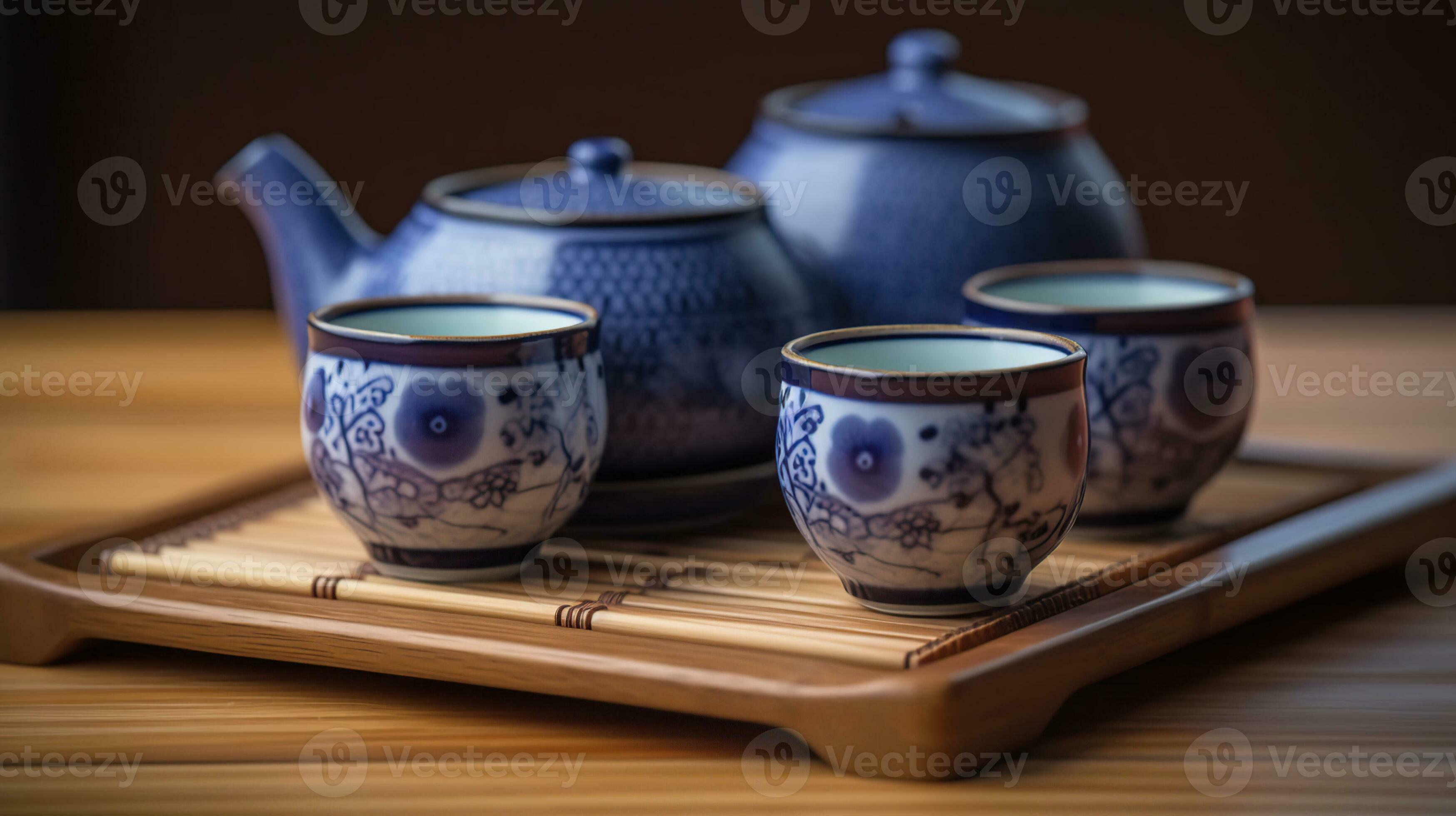 Asian tea set. Japanese teapot and cups on bamboo mat. generative